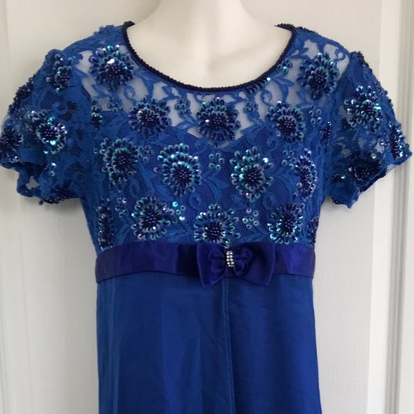 Royal Blue Short Sleeve Sequin Gown with Skirt Overlay Long Evening Dress Prom - Picture 4 of 7